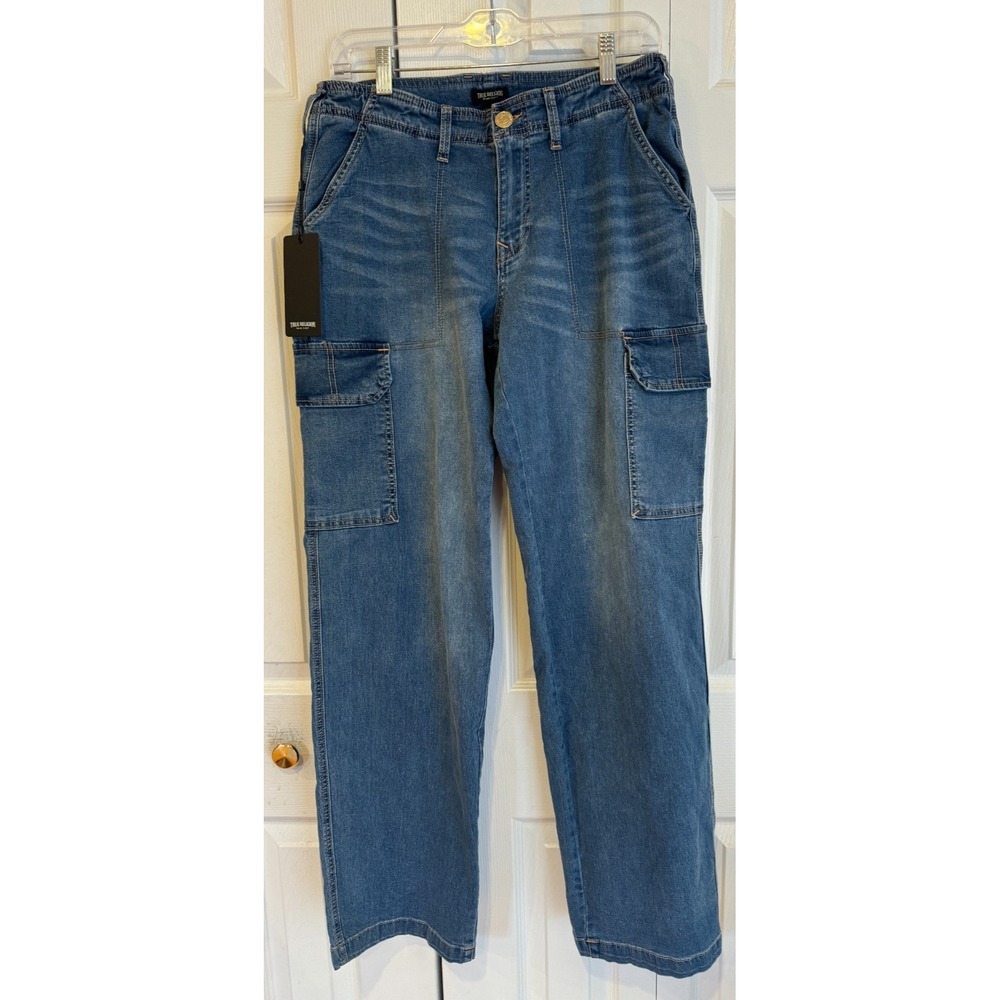 New True Religion Cargo SN Straight Denim Jeans Women's Sz 30 Medium Tide Wash